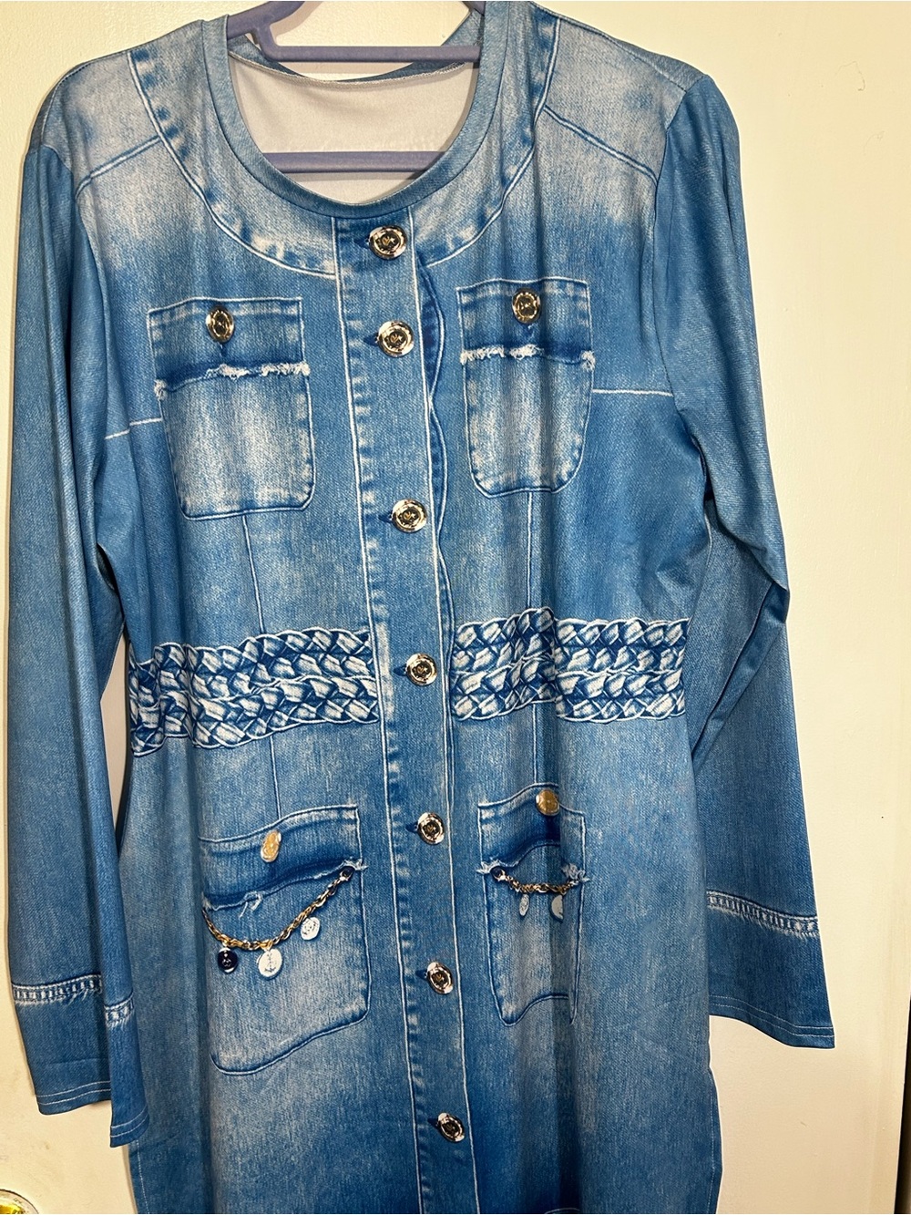 Blue Denim-Style Long sleeve top Decorative Buttons